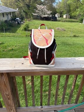 Christian Louboutin Black Mesh streetwear Backpack with Beige & Red Accents